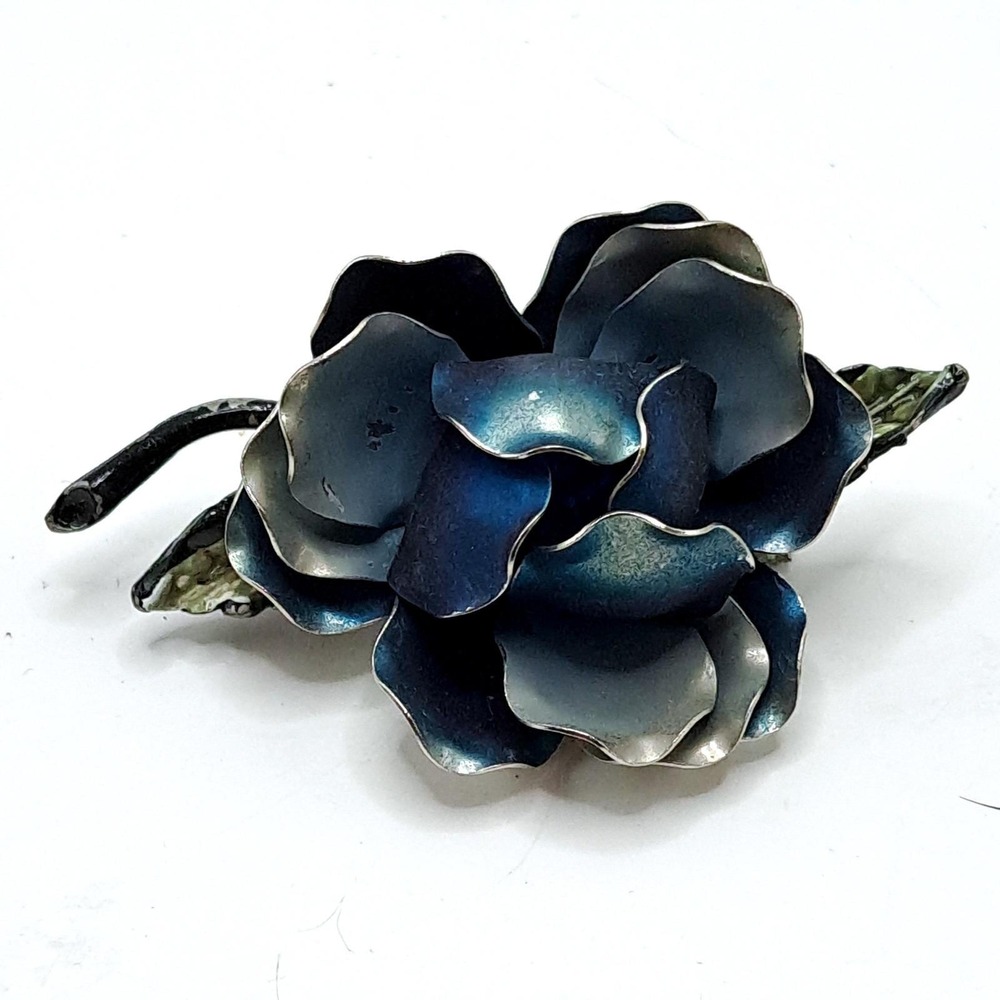 Vintage‎ Rose Flower Brooch Blue Enamel 1950s Floral Pin
